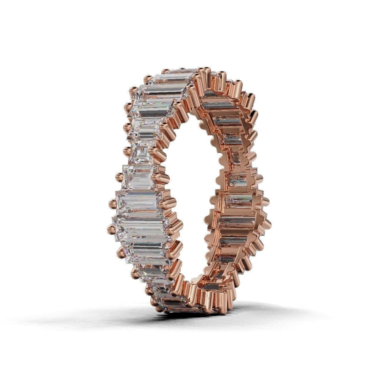 Elegant silver ring with baguette-cut stones in a continuous band.