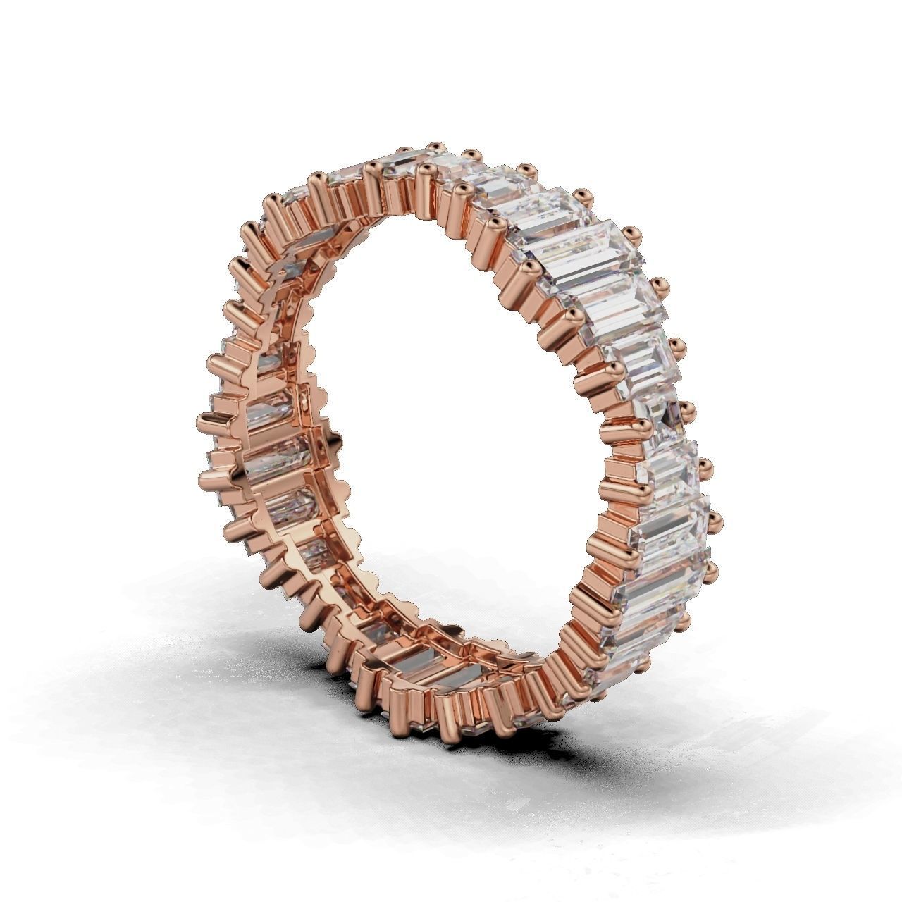 Elegant silver ring with baguette-cut stones in a continuous band.