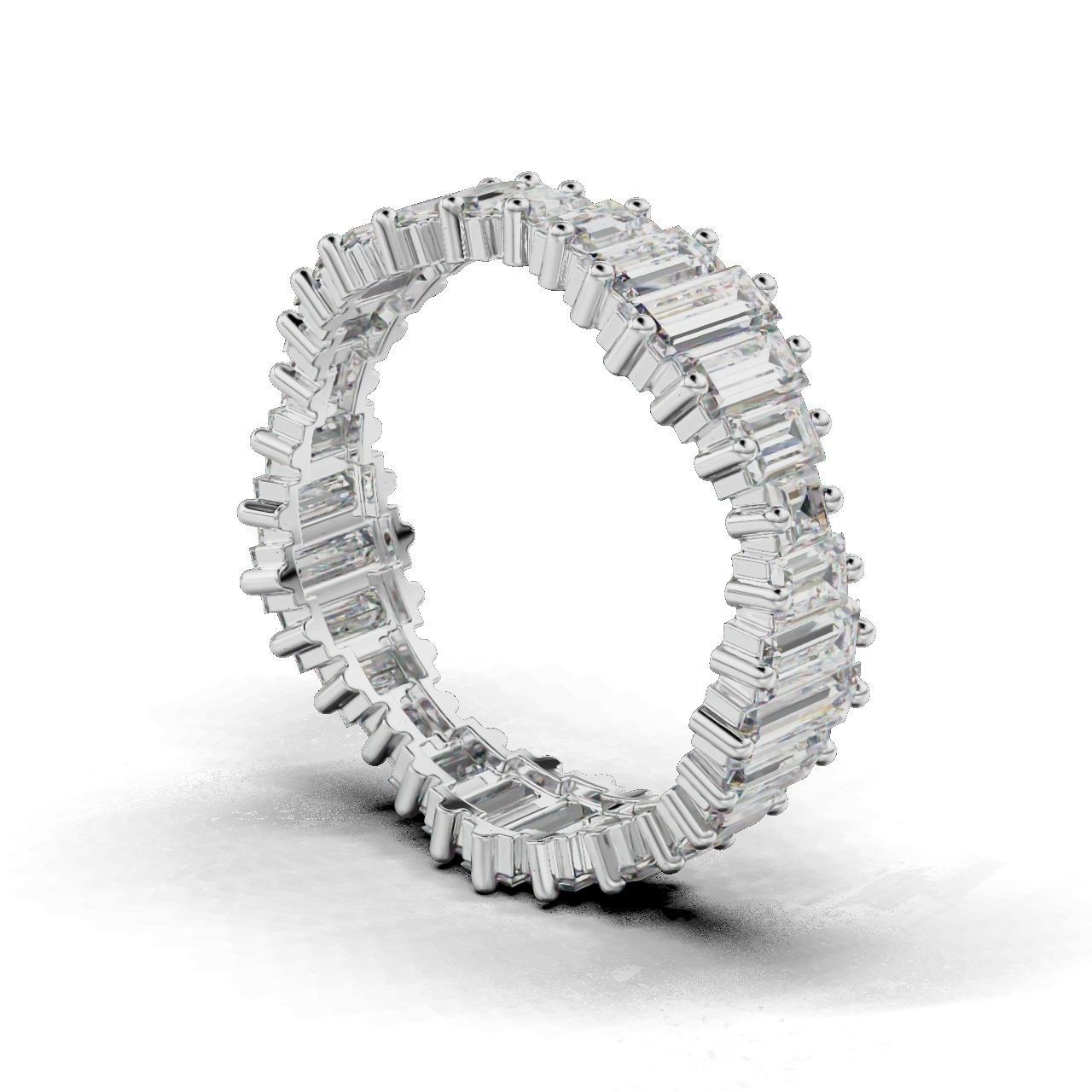 Elegant silver ring with baguette-cut stones in a continuous band.