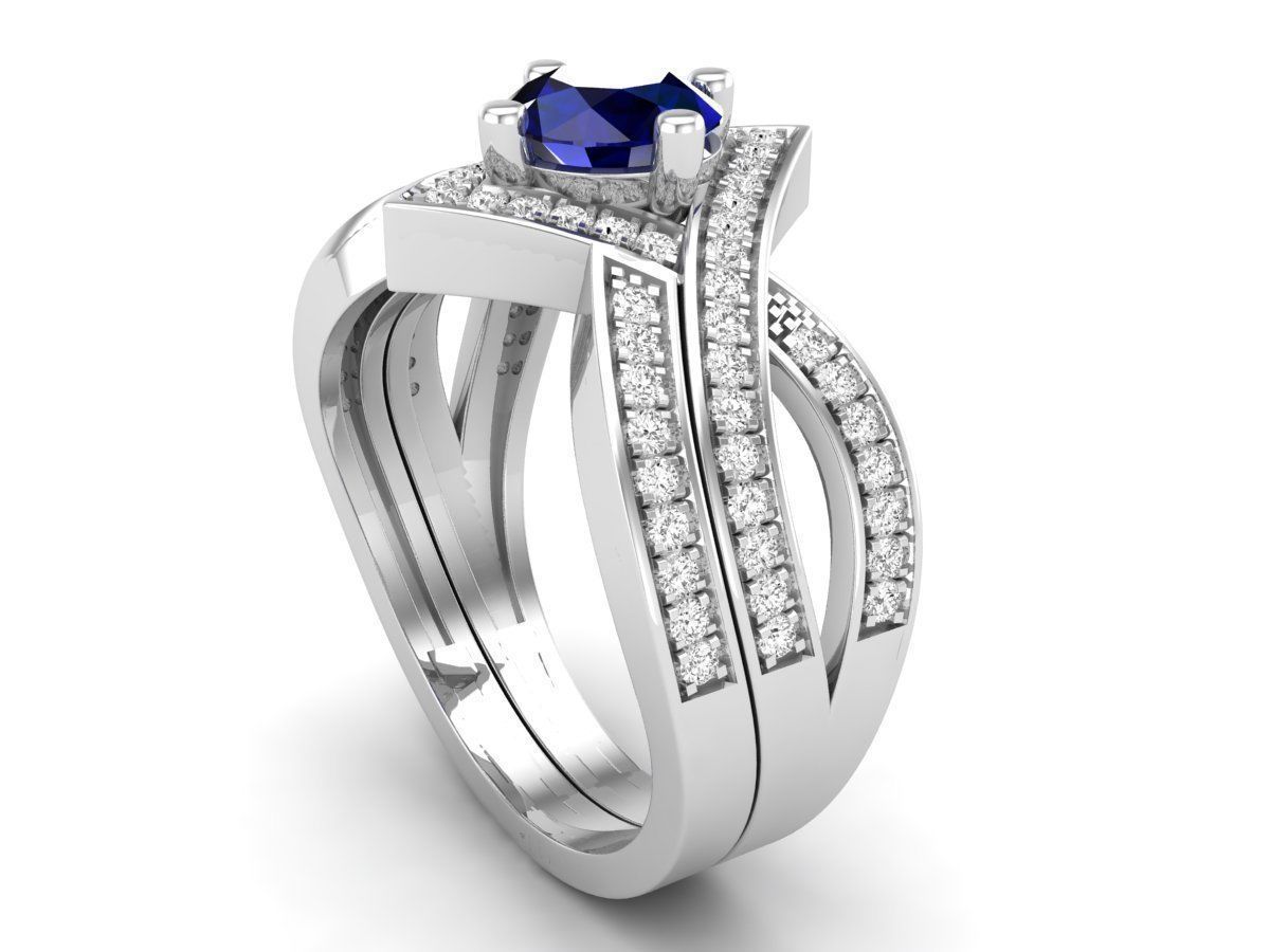 HFS-R077 (17) Silver ring with a royal blue round centerpiece and sparkling accent stones in a unique design.