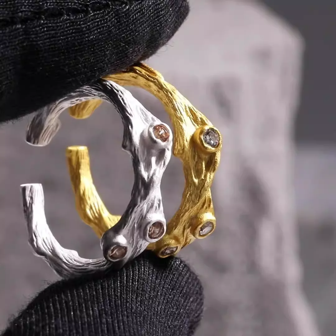 Rustic branch-inspired silver ring with sparkling zircon stones. imperfect shaped jewelry