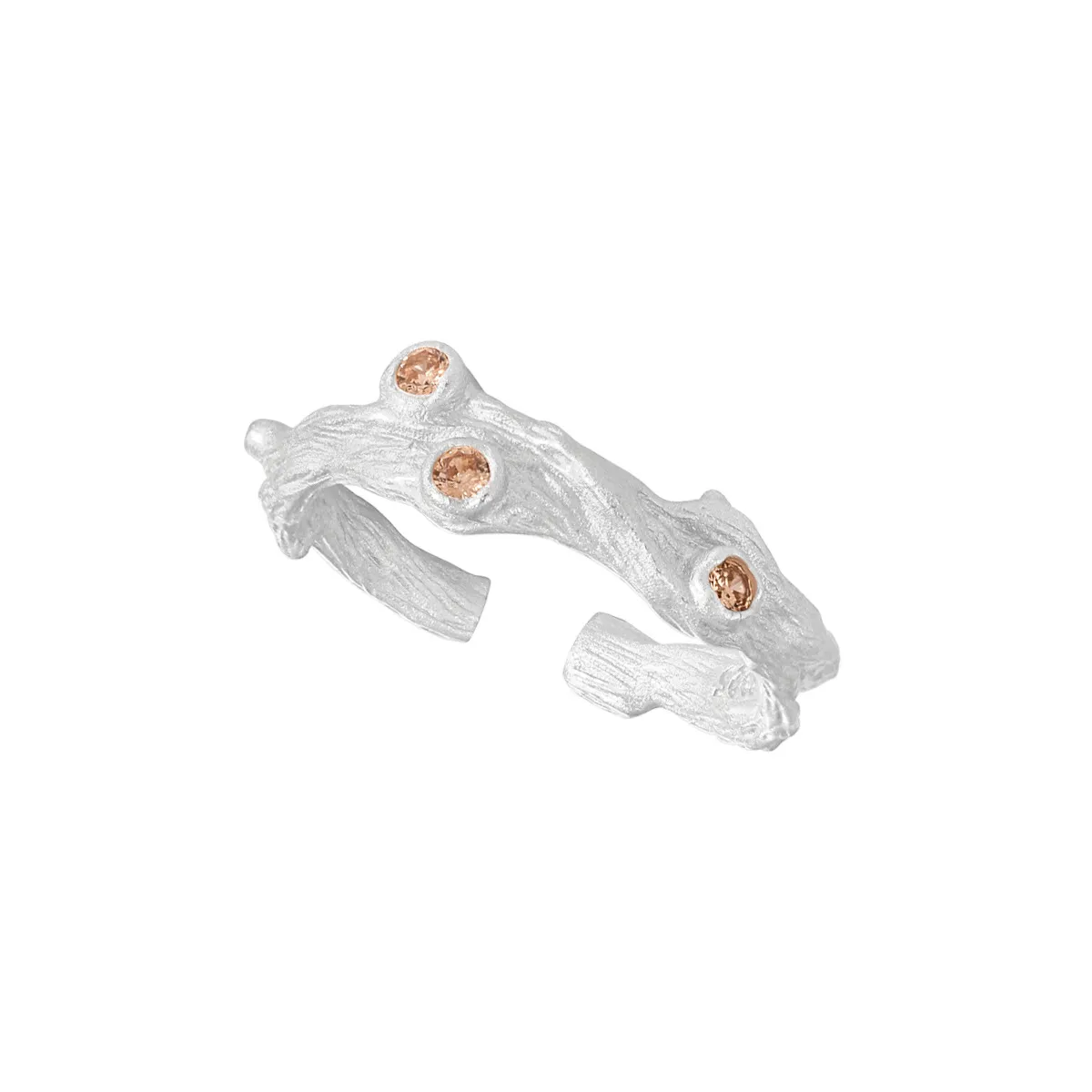 Rustic branch-inspired silver ring with sparkling zircon stones.
