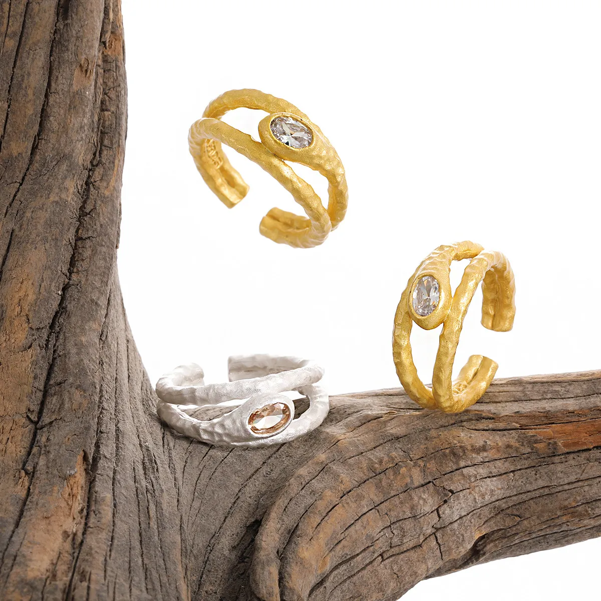 Silver branch-inspired ring with a sparkling zircon stone, crafted from high-quality Silver 925. imperfect shaped jewelry