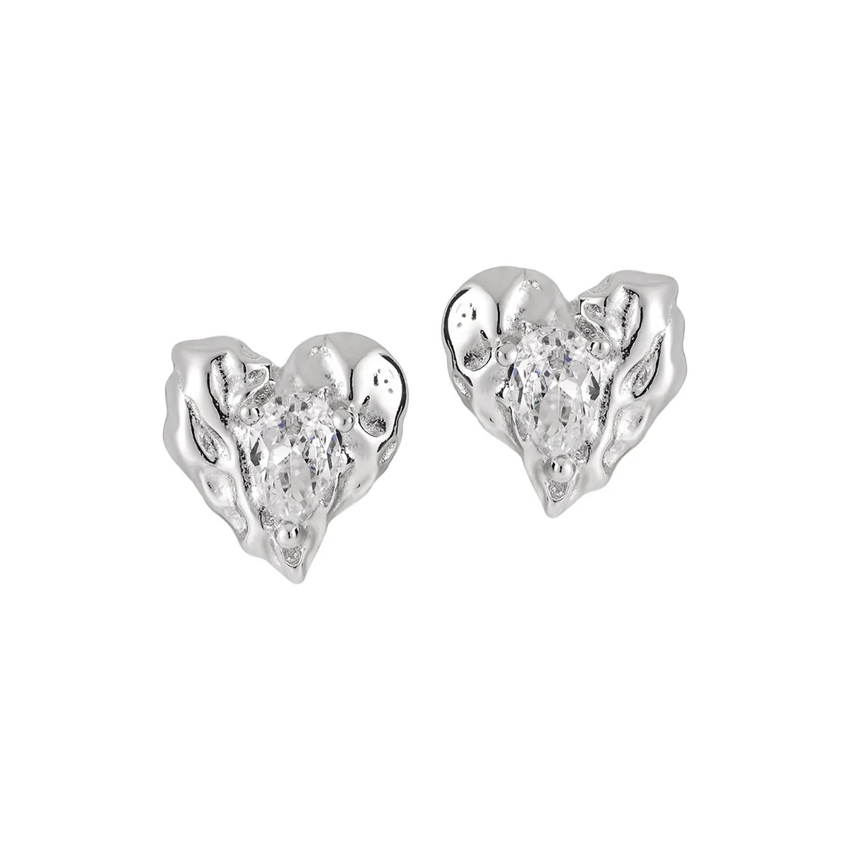 Heart-shaped silver stud earrings with sparkling zircon stones.