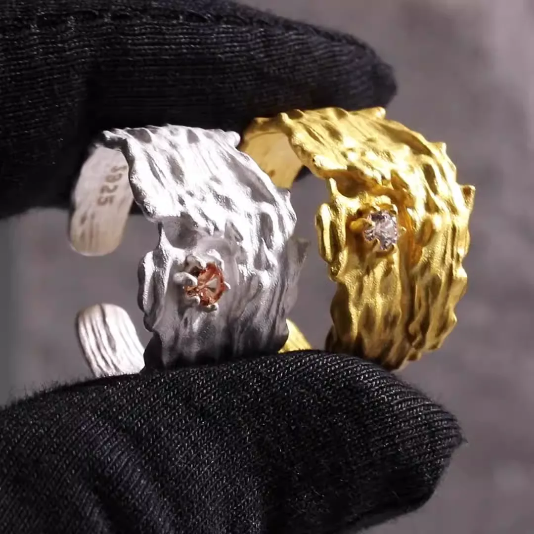 imperfect shaped jewelry 4 Silver textured ring with a zircon gemstone, crafted from high-quality Silver 925. imperfect shaped jewelry