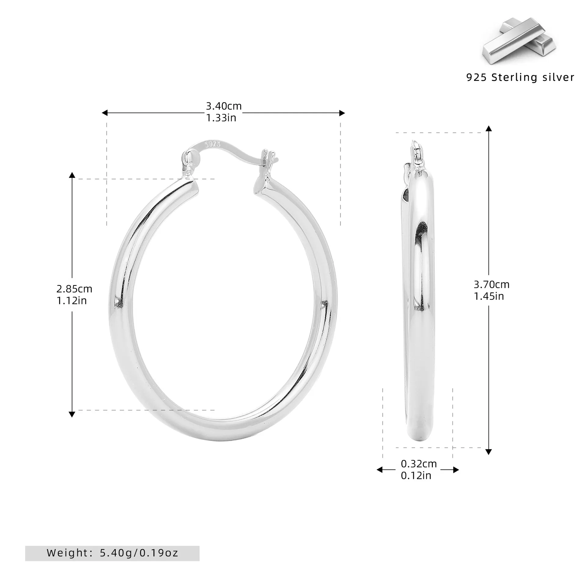 Wholesale 925 Sterling Silver 35mm Thick Hollow Hoop Earrings