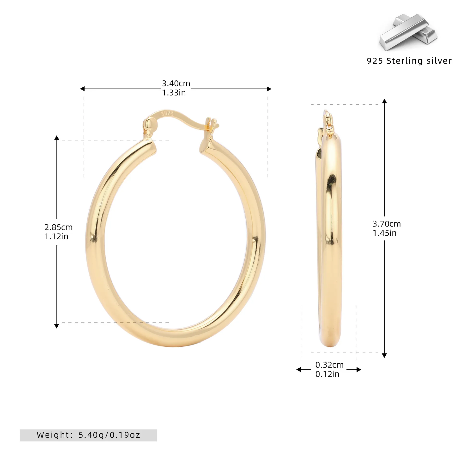 Wholesale 925 Sterling Silver 35mm Thick Hollow Hoop Earrings