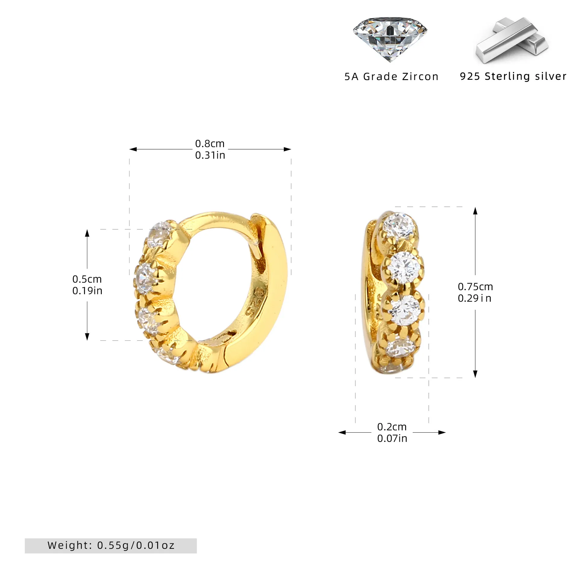 Wholesale 925 Sterling Silver - 5mm CZ Hoop Earrings