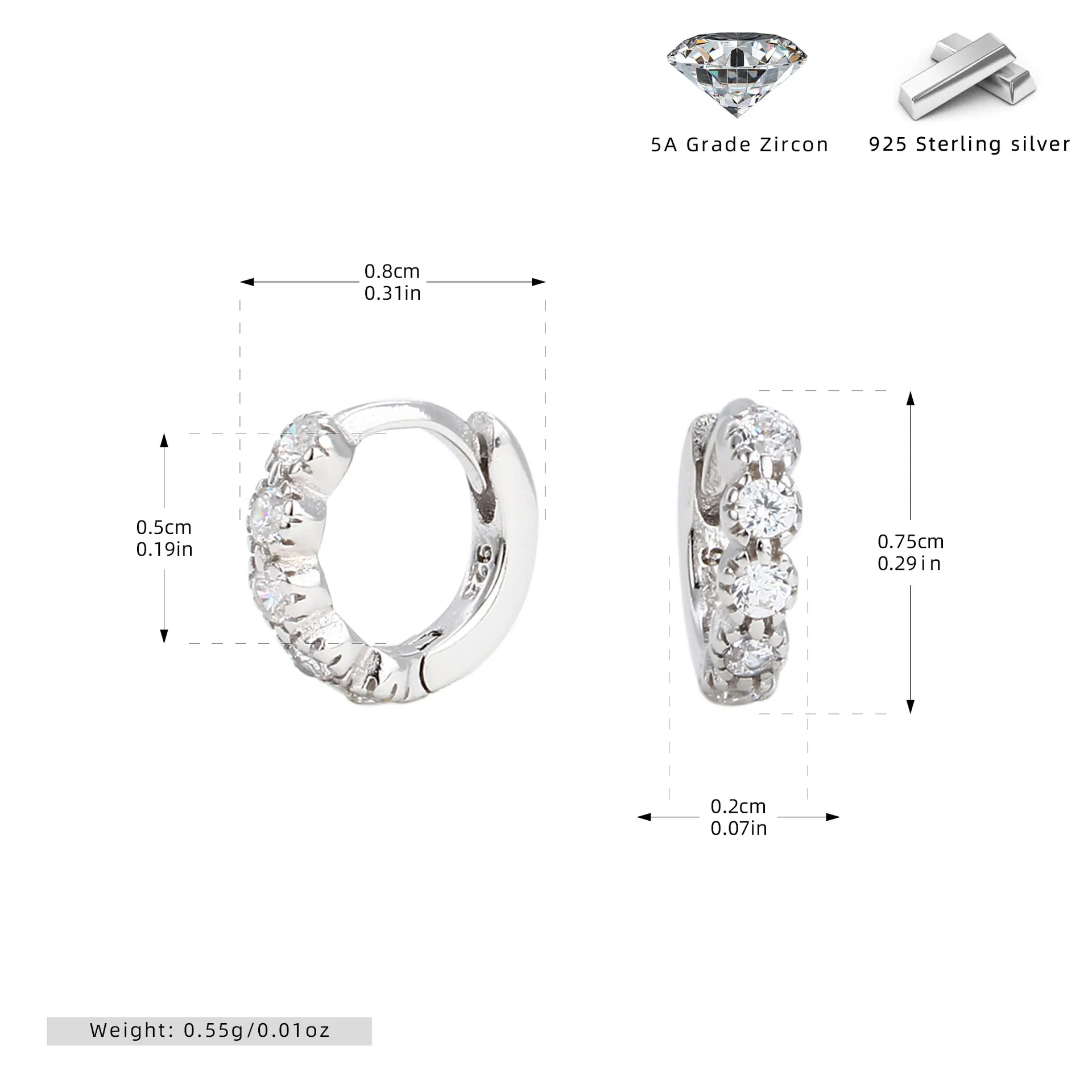 Wholesale 925 Sterling Silver - 5mm CZ Hoop Earrings