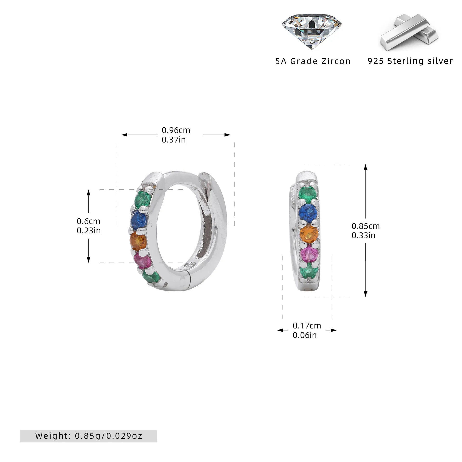 Wholesale 925 Sterling Silver - 6mm Coloured CZ Hoop Earrings