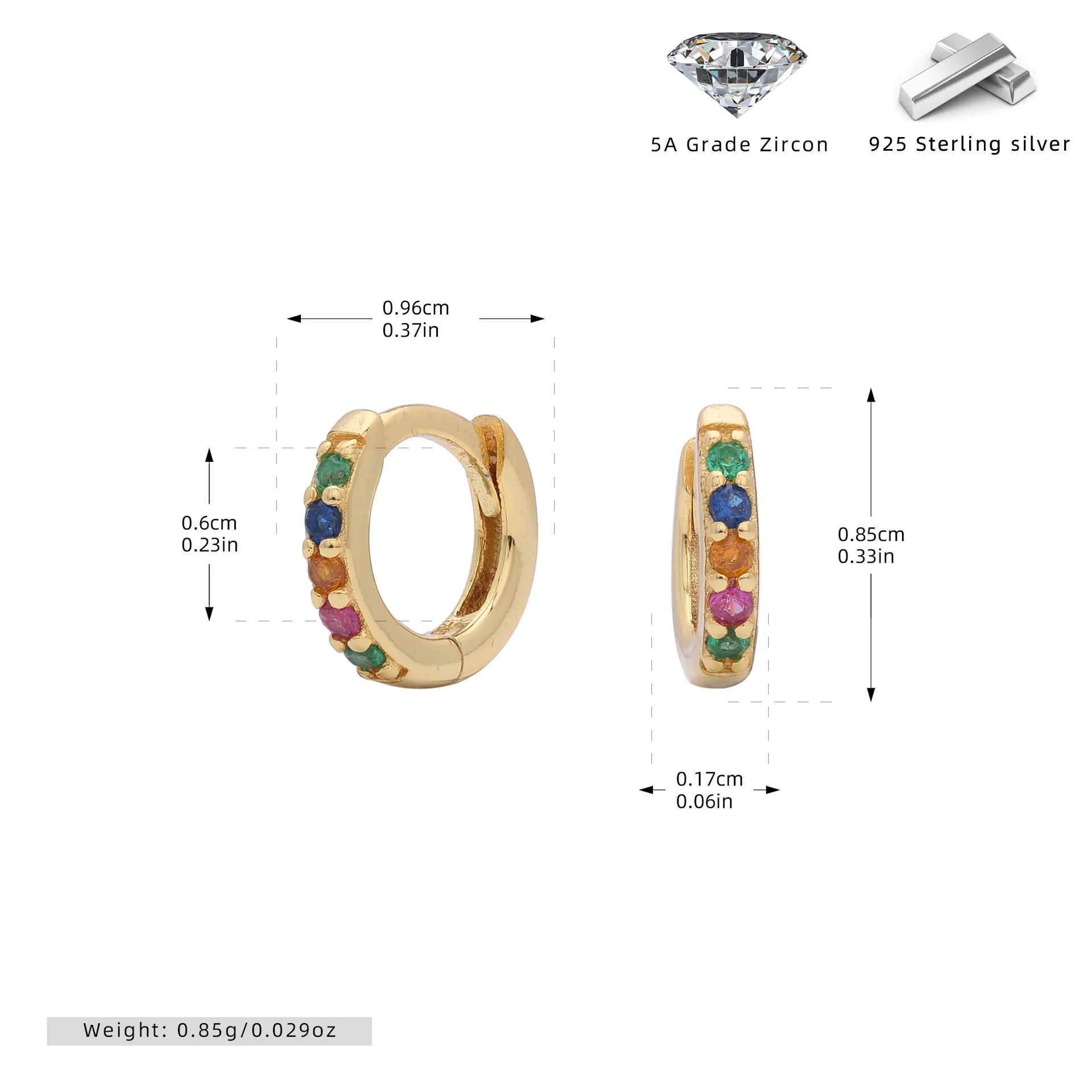 Wholesale 925 Sterling Silver - 6mm Coloured CZ Hoop Earrings