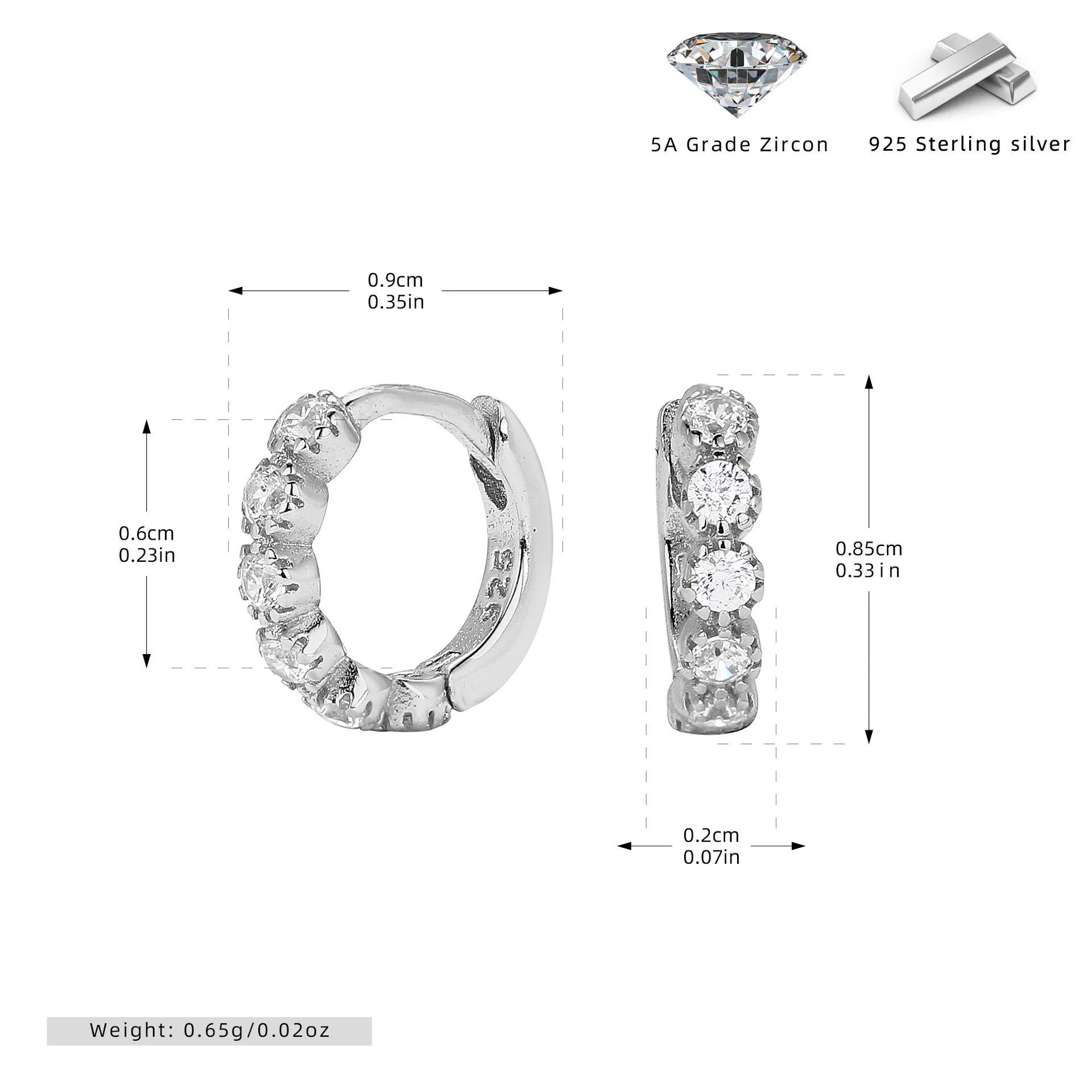 Wholesale 925 Sterling Silver - 5mm CZ Hoop Earrings