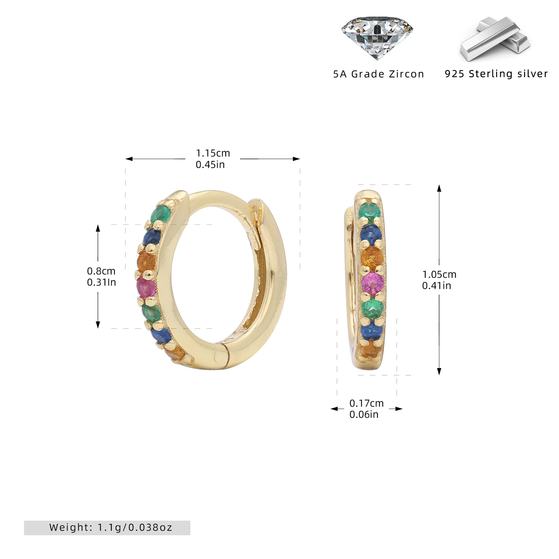 Wholesale 925 Sterling Silver - 8mm Coloured CZ Hoop Earrings