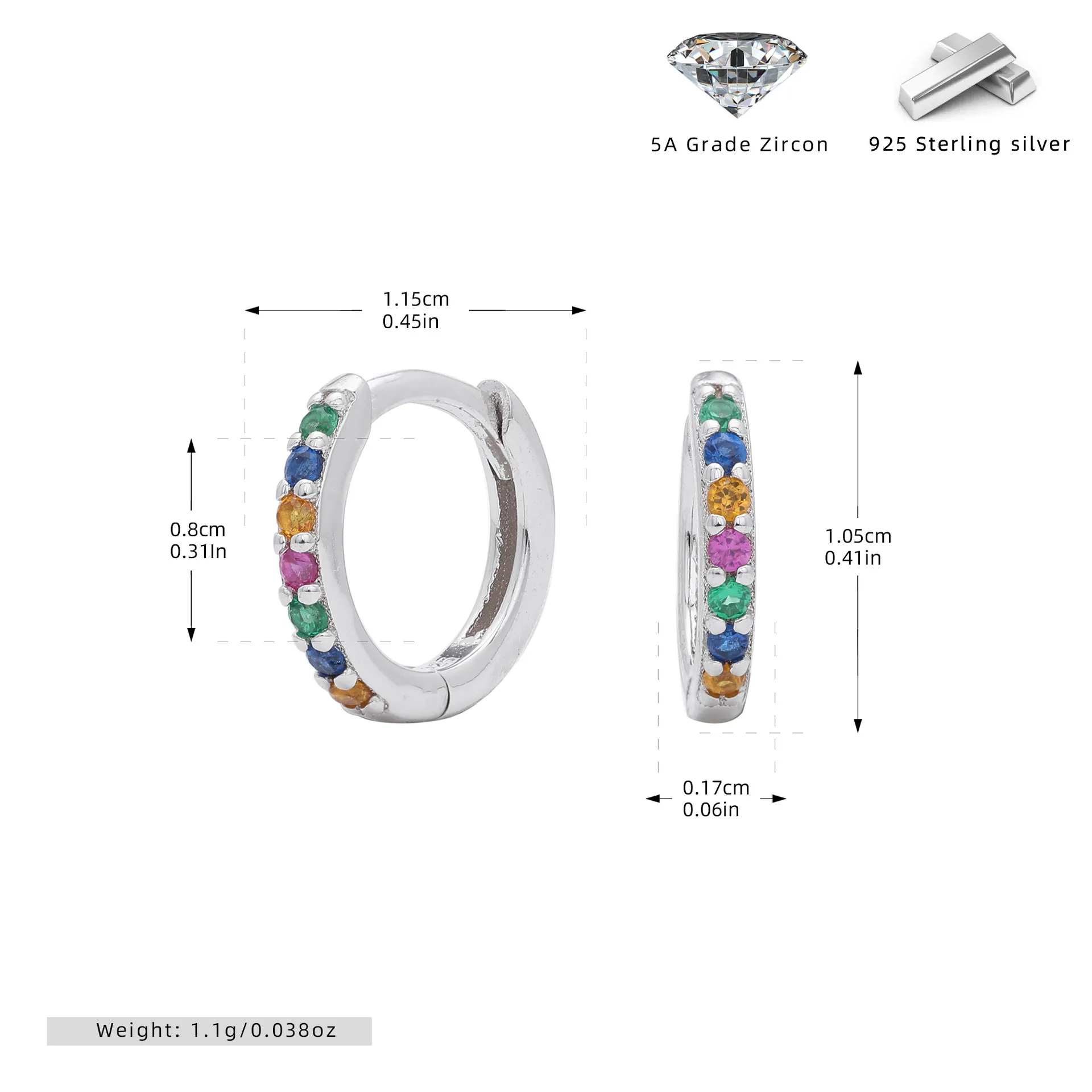 Wholesale 925 Sterling Silver - 8mm Coloured CZ Hoop Earrings