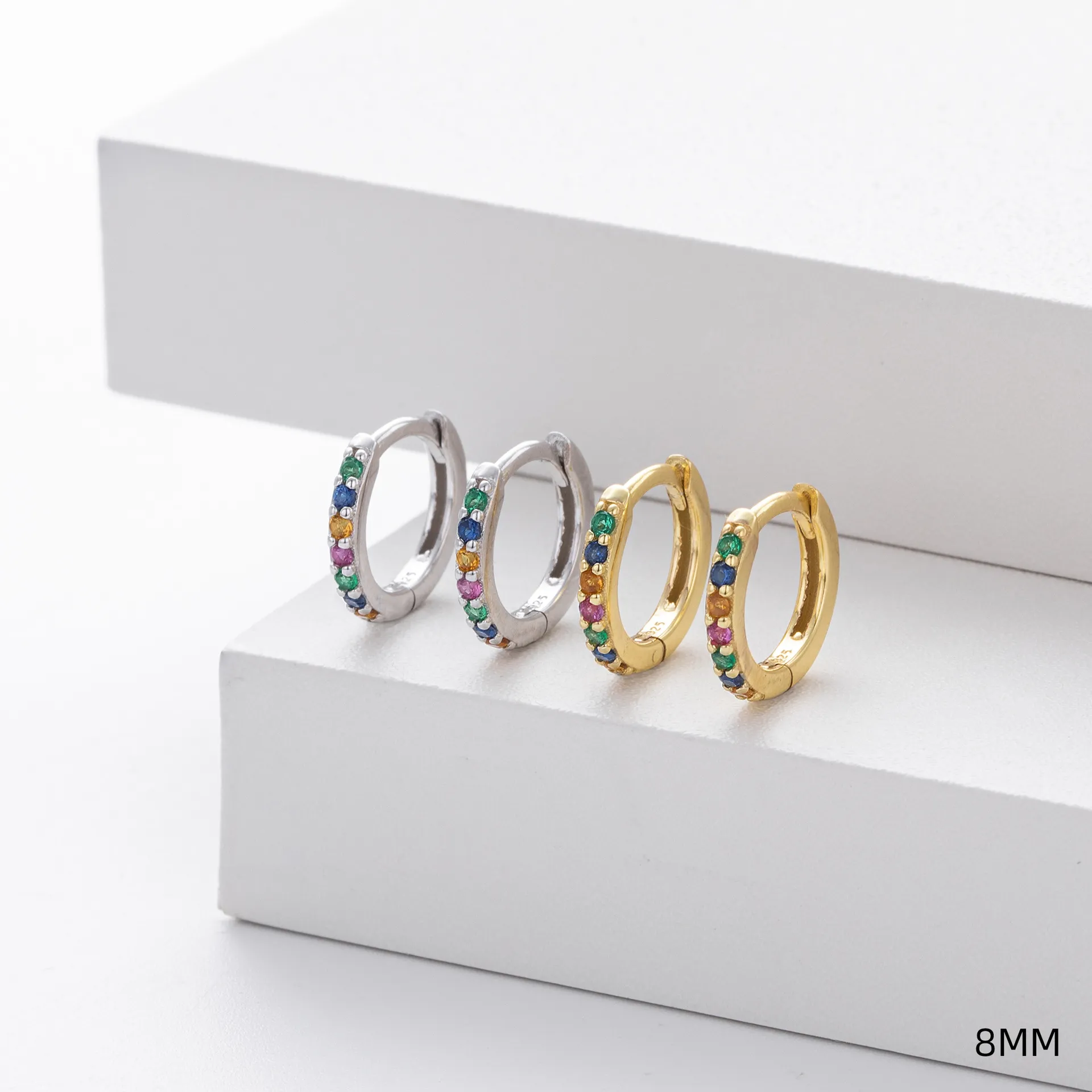 Wholesale 925 Sterling Silver - 8mm Coloured CZ Hoop Earrings