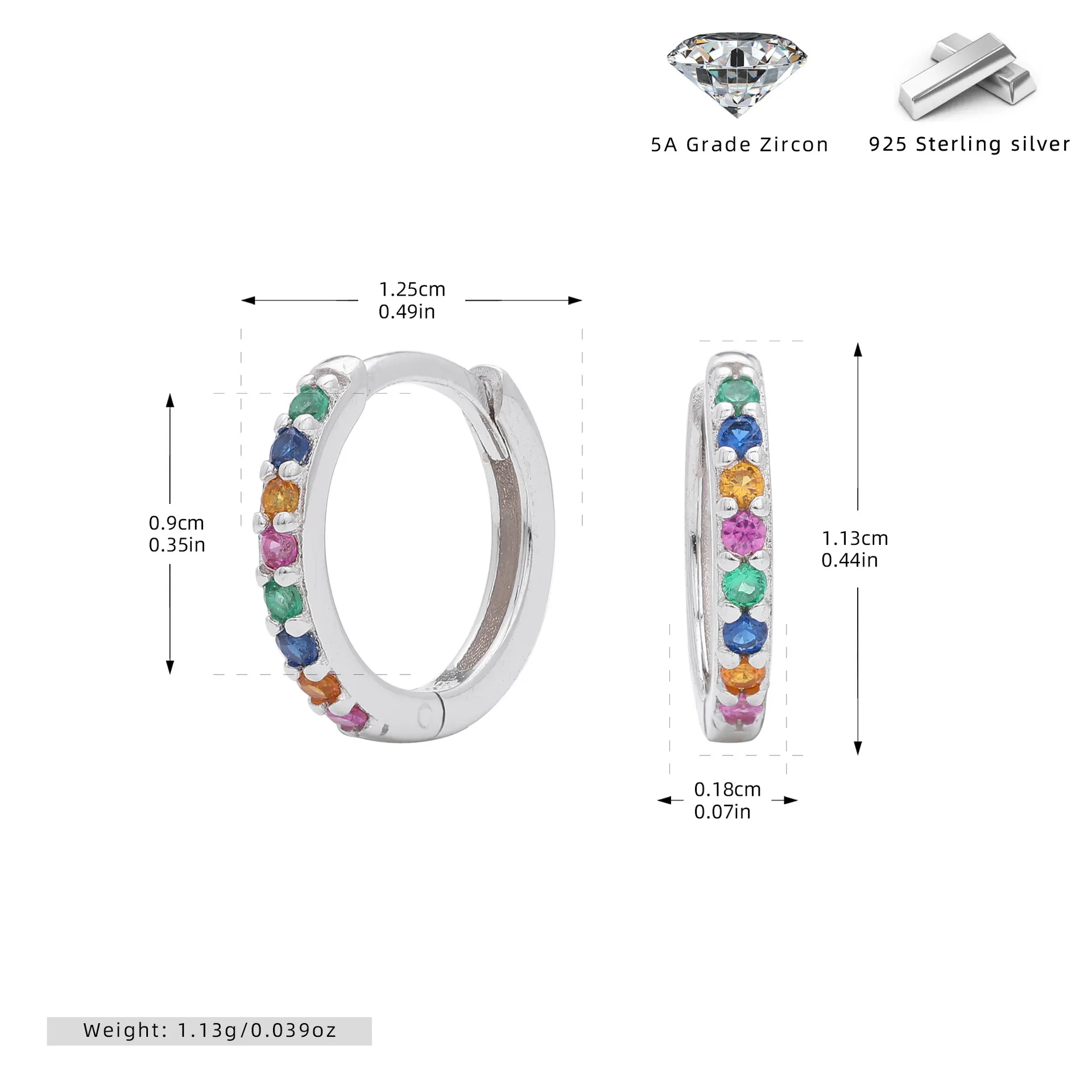 Wholesale 925 Sterling Silver - 9mm Coloured CZ Hoop Earrings