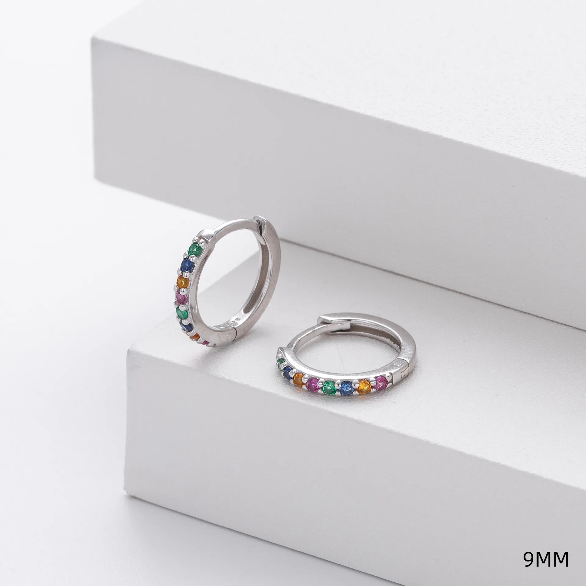 Wholesale 925 Sterling Silver - 9mm Coloured CZ Hoop Earrings