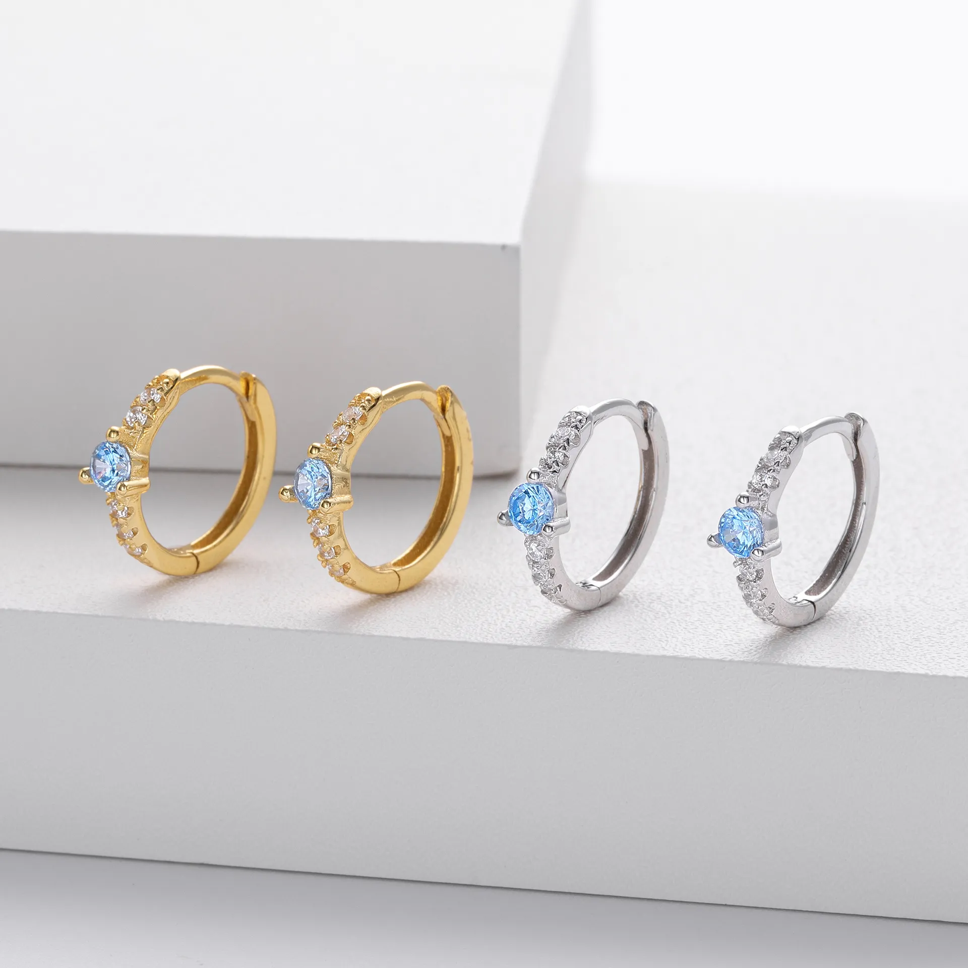 Wholesale 925 Sterling Silver - Aquamarine Hoop Earrings