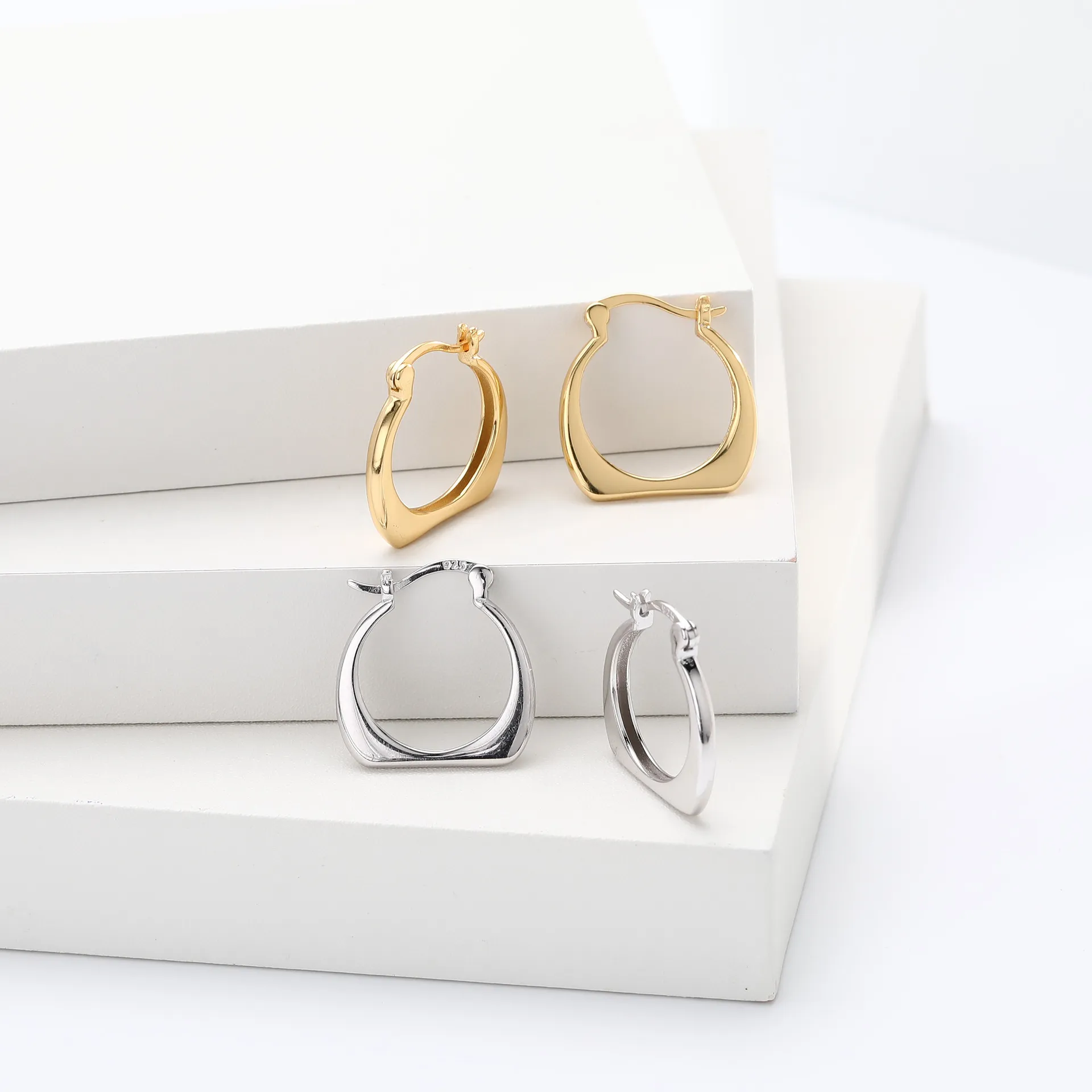 Wholesale 925 Sterling Silver - Geometric Shaped Hollow Hoop Earrings