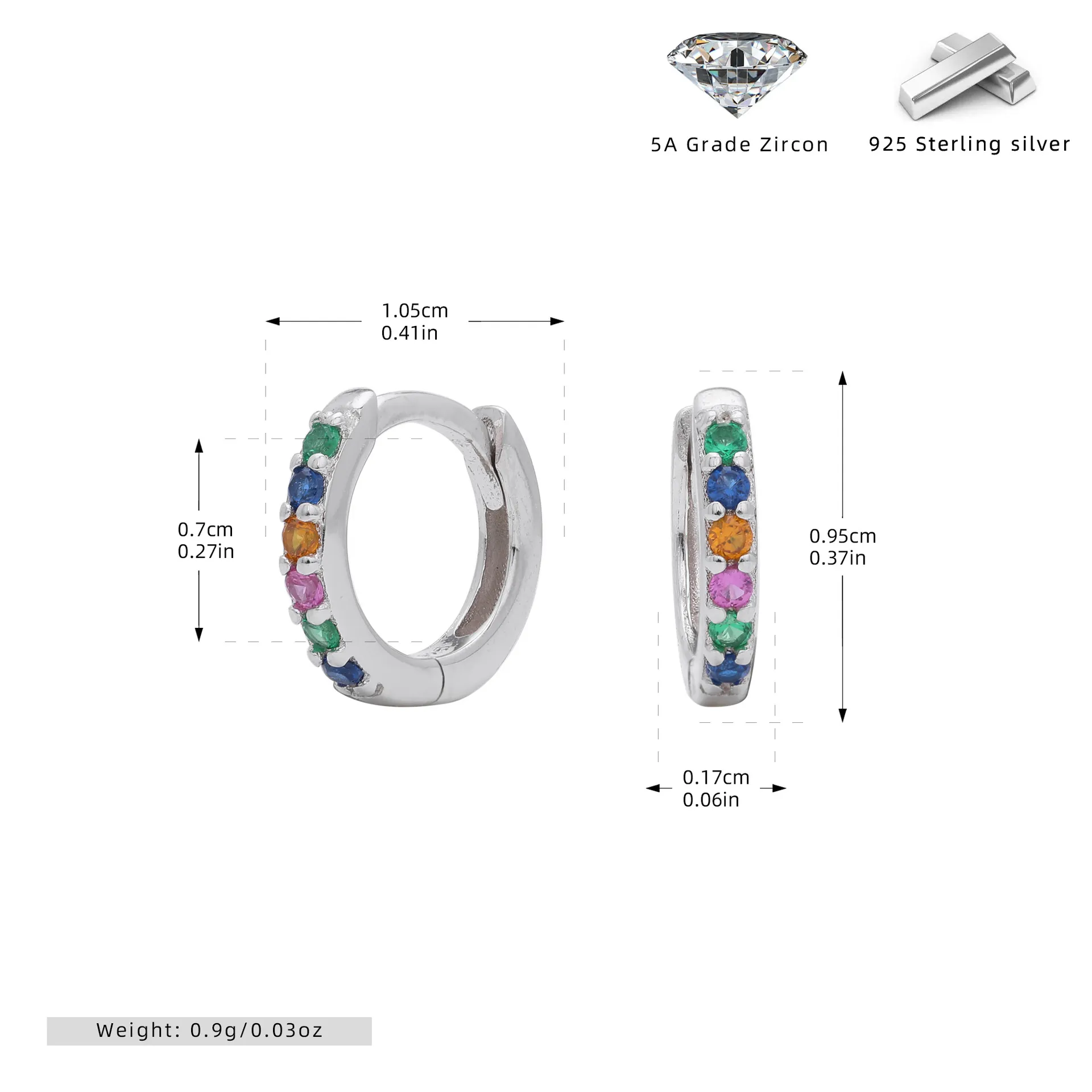 Wholesale 925 Sterling Silver - 6mm Coloured CZ Hoop Earrings