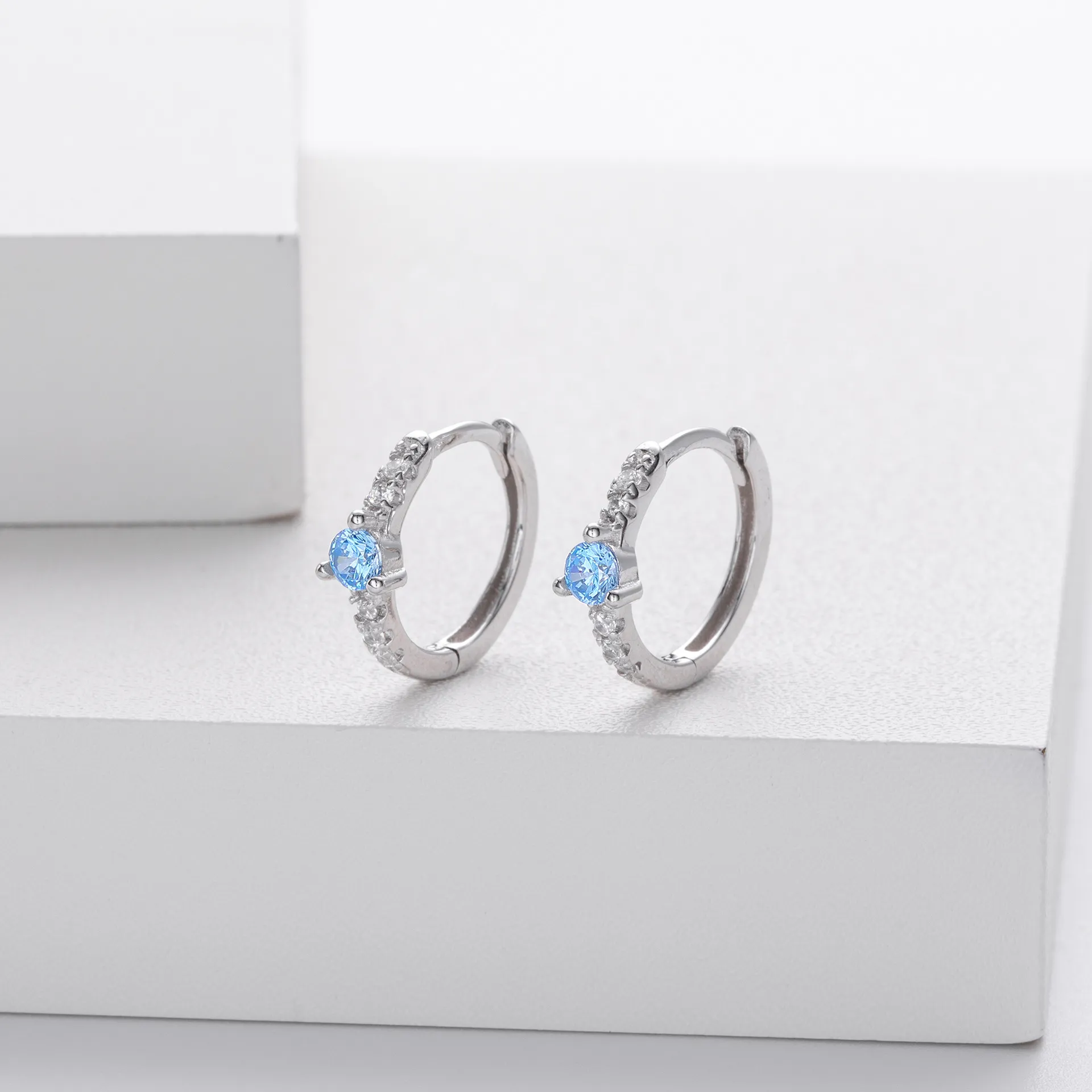 Wholesale 925 Sterling Silver - Aquamarine Hoop Earrings