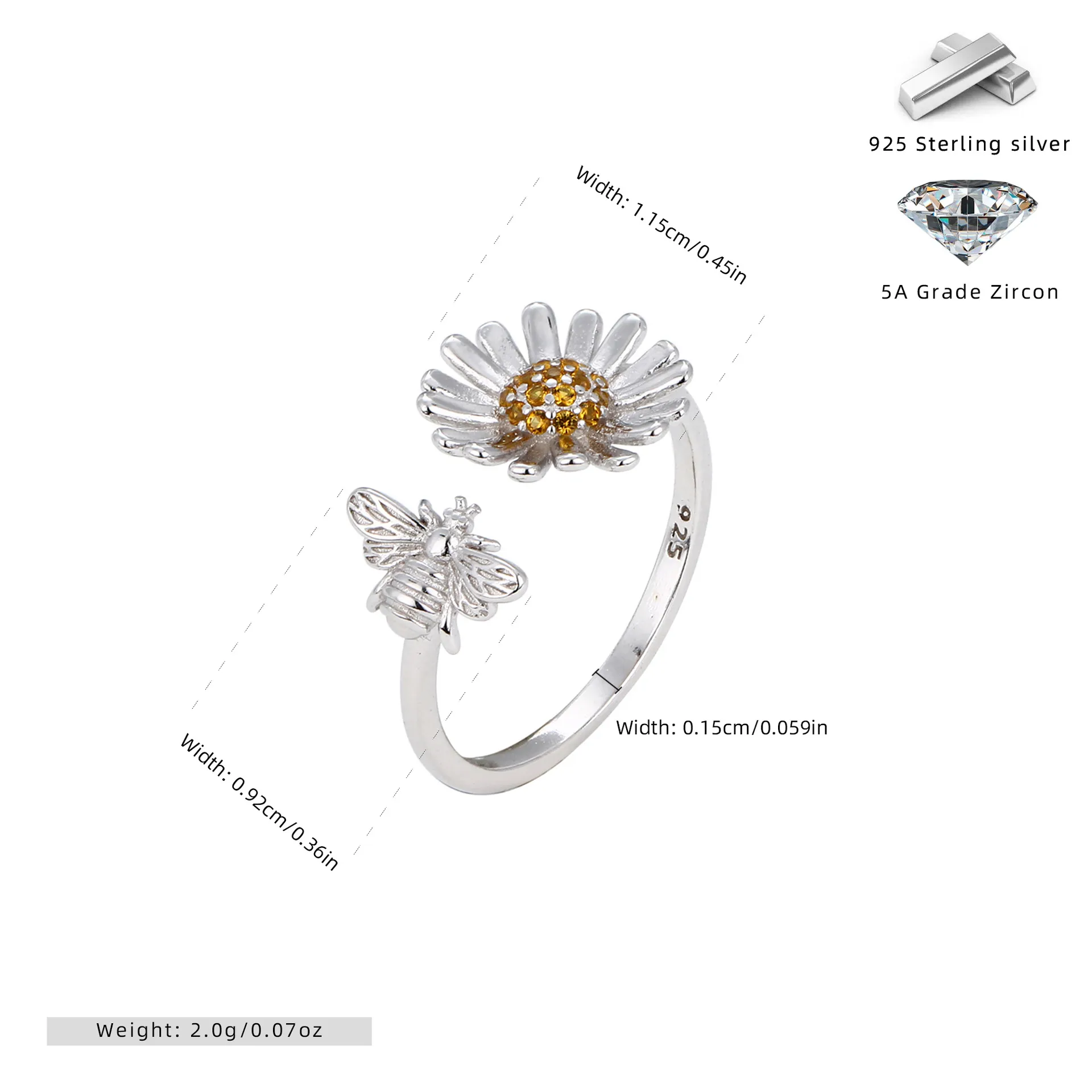 Honeyed Bloom Wholesale 925 Sterling Silver - sunflower bee zircon